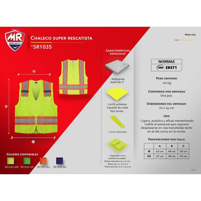 Chaleco Super Rescatista con Reflejantes Dobles MR Seguridad SR1035 - DIBAMEX