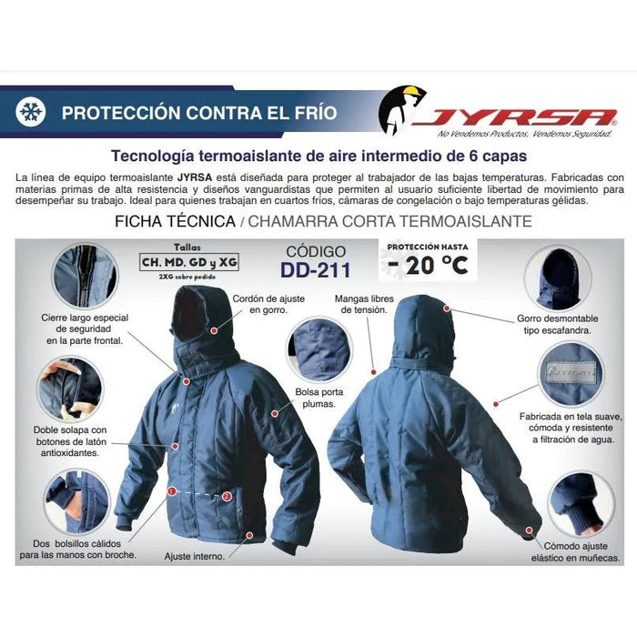 Chamarra Termoaislante Para Cuarto Frío Corta con Gorro -20°C - JYRSA ECO-211 - DIBAMEX